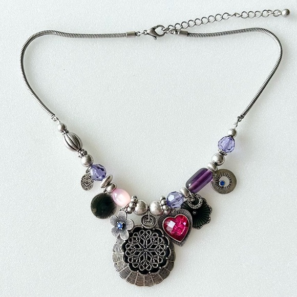 Tribal Sterling Silver Bib Necklace Purple Blue Pink Red Charms Snake Link 12” - Picture 9 of 11